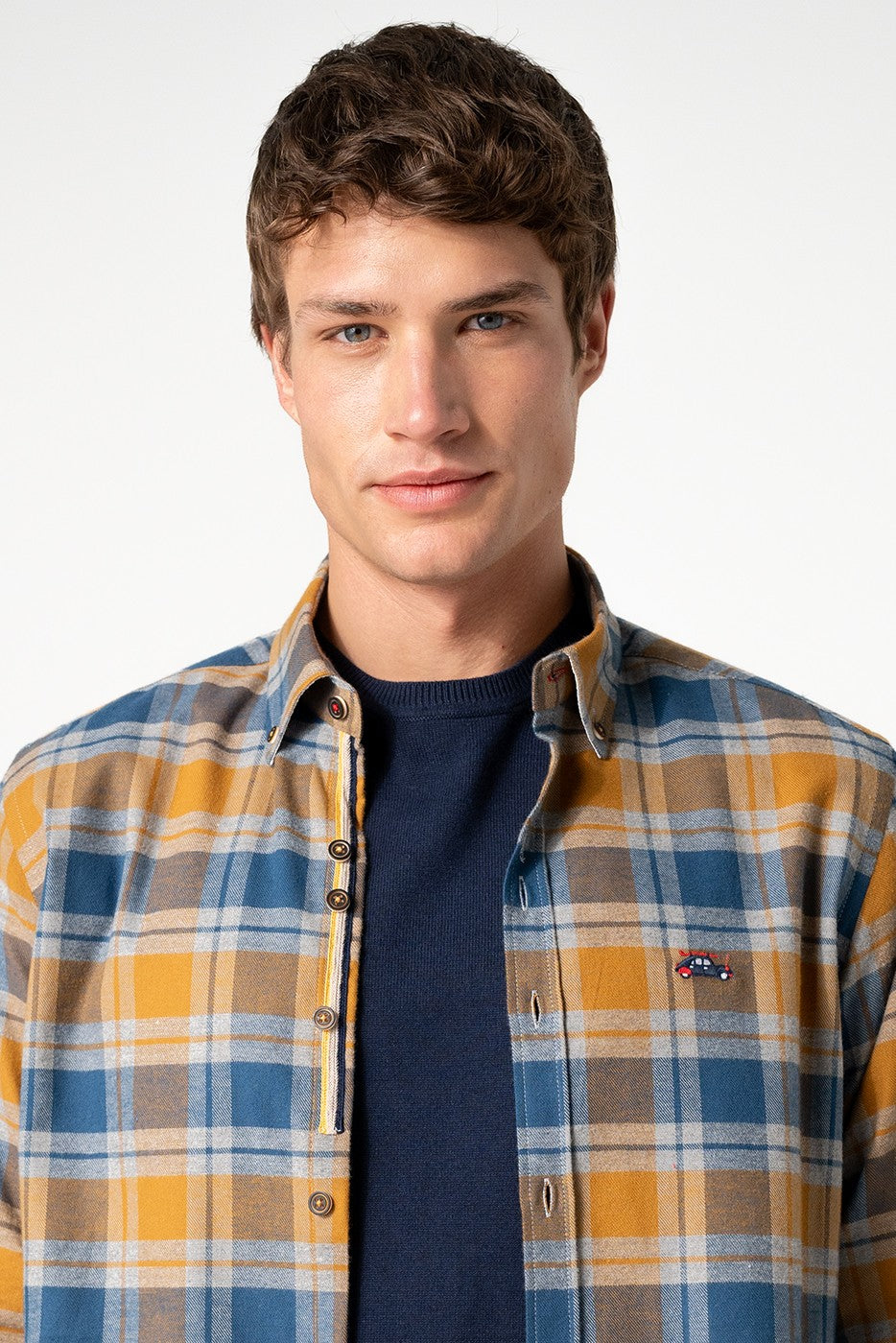Camisa hombre cuadros mostaza y azul