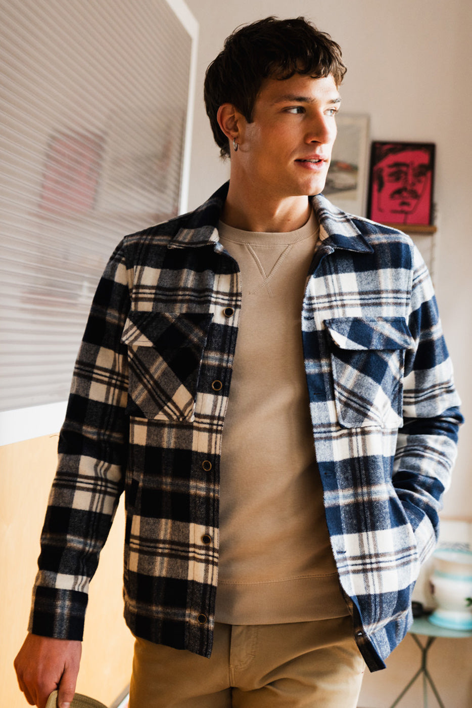 Sobrecamisa a cuadros azul marino y blanco hombre