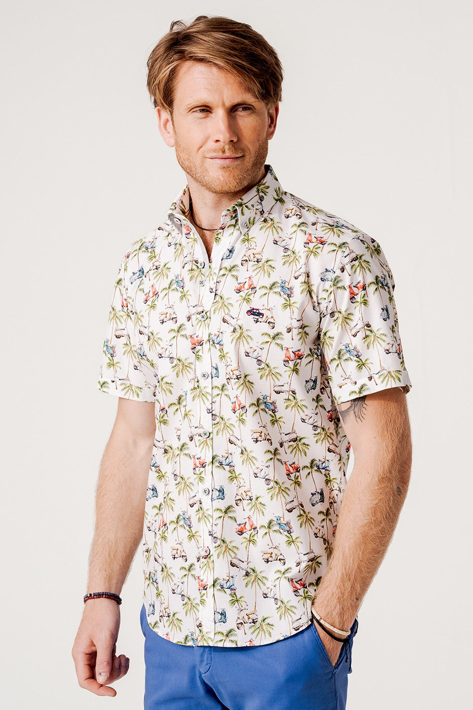 Camisa hombre manga corta palmeras y motos