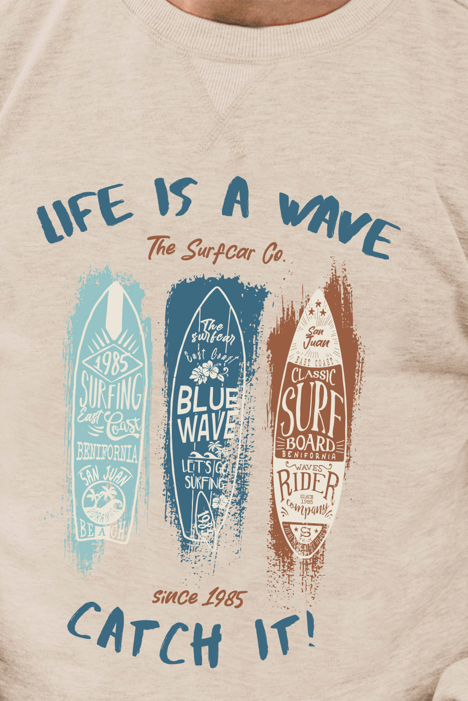 Sudadera beige hombre estampado tablas surf